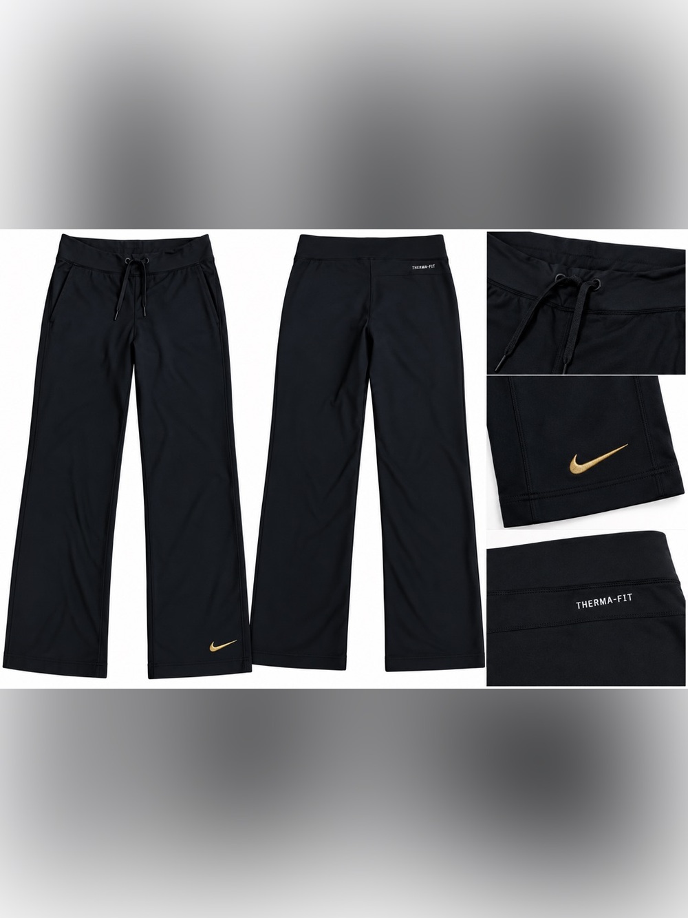 Nike Black Wide-Leg Therma-Fit Pants with Gold Swoosh